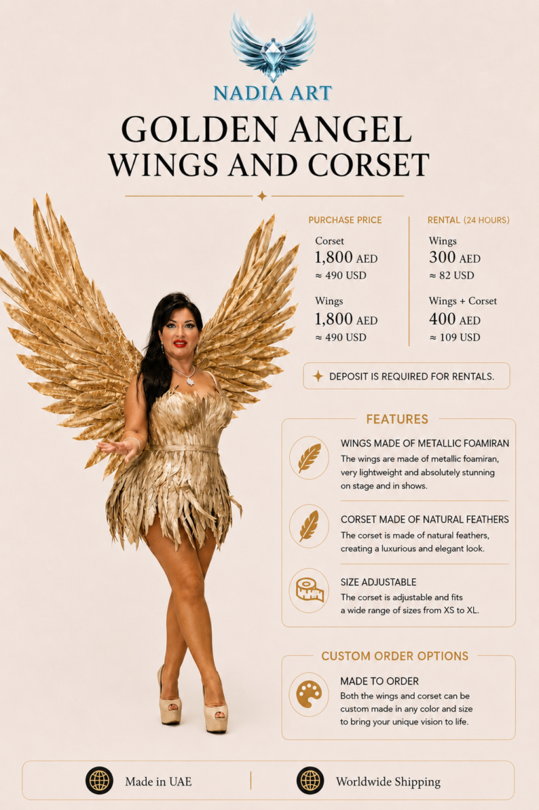 Golden Angel Wings and Corset rental by Nadia Art