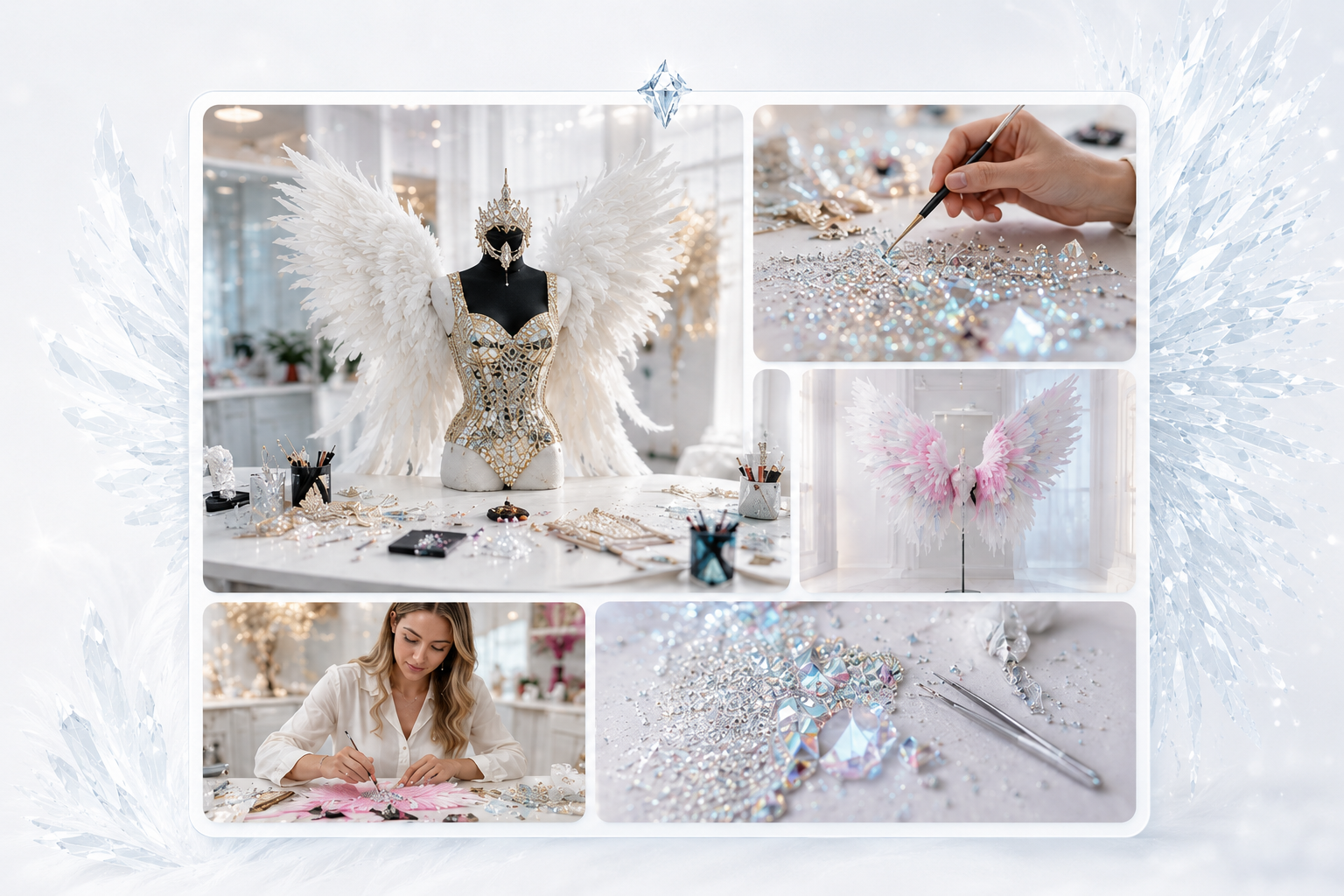 Workshop collage featuring handcrafted crystal costumes, angel wings and creative making